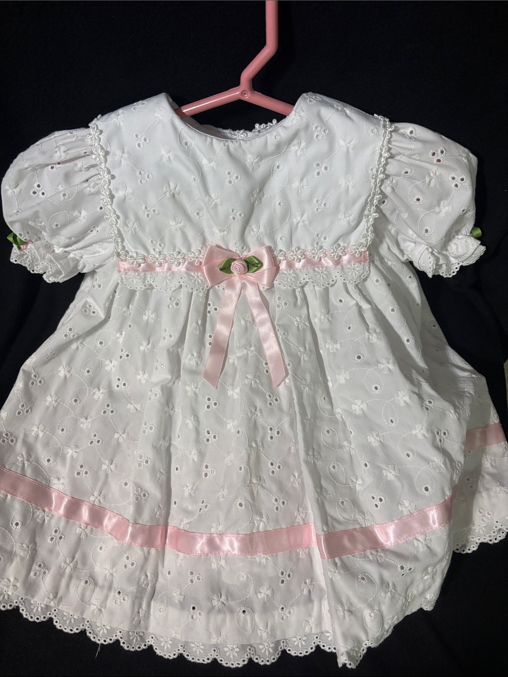 Vintage Baby dress white lace pink bow size 18 months